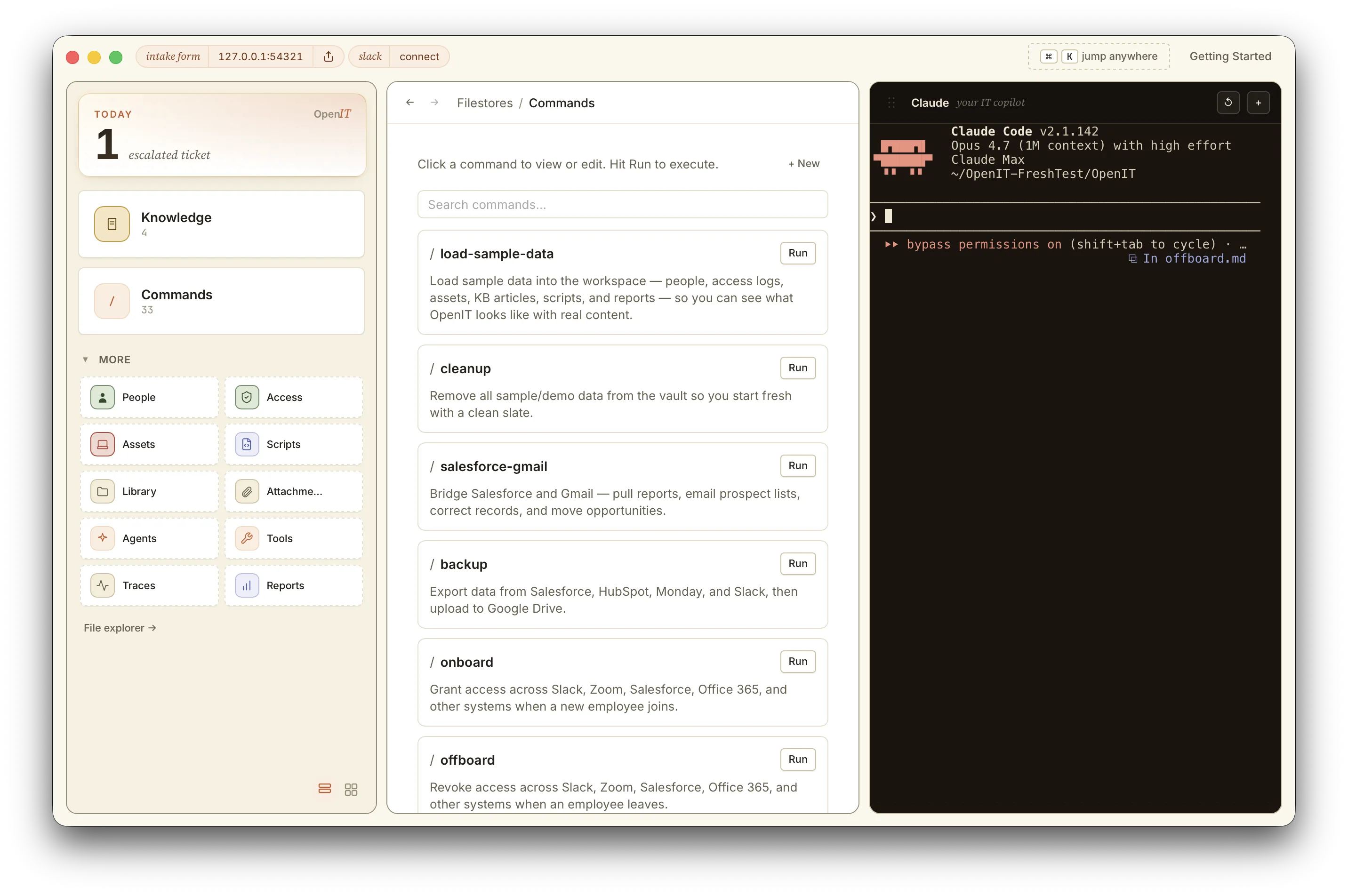 The OpenIT desktop app: a shared vault of knowledge, commands and files on the left, a one-click command list in the middle, and Claude Code built in on the right.